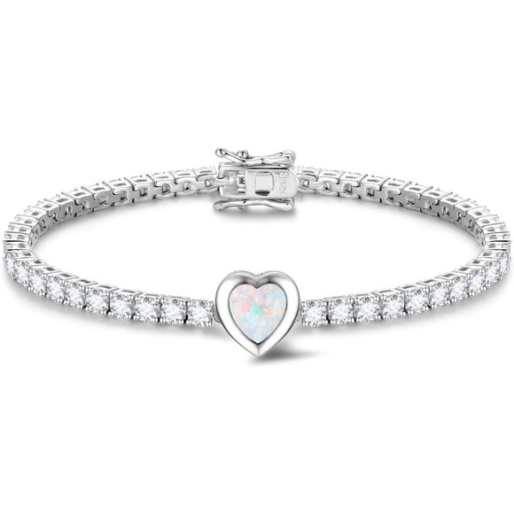Women’s Sterling Silver Heart-Shaped Fire Opal Tennis Bracelet 7 Inch Gift for O - Picture 1 of 6